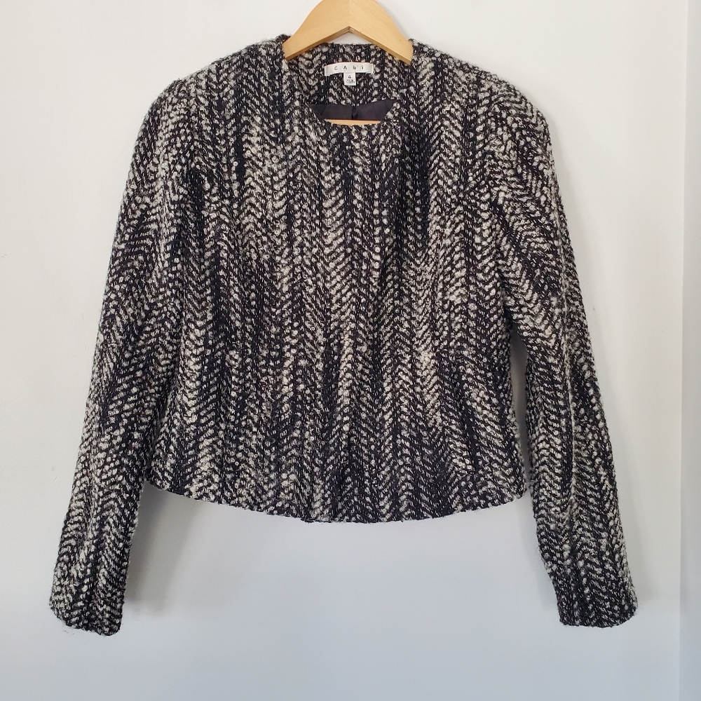 CABI #529 OverThe Moon Wool Blend Tweed Boucle Moto Zip Jacket 4 Black White EUC